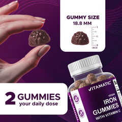 Vitamatic Iron 65 mg Gummies closeup of grape-flavored gummies.