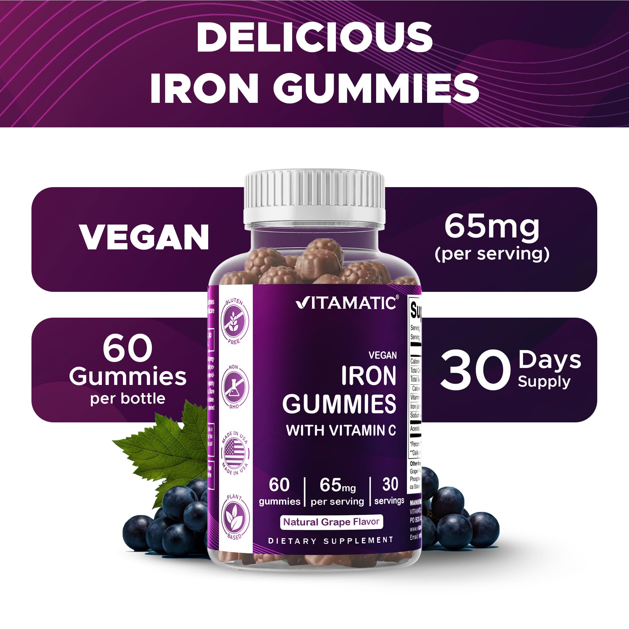 Vitamatic Iron 65 mg Gummies vegan-pectin ingredients panel.