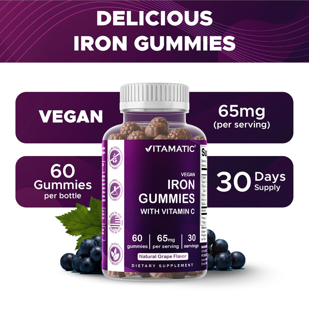 Vitamatic Iron 65 mg Gummies vegan-pectin ingredients panel.