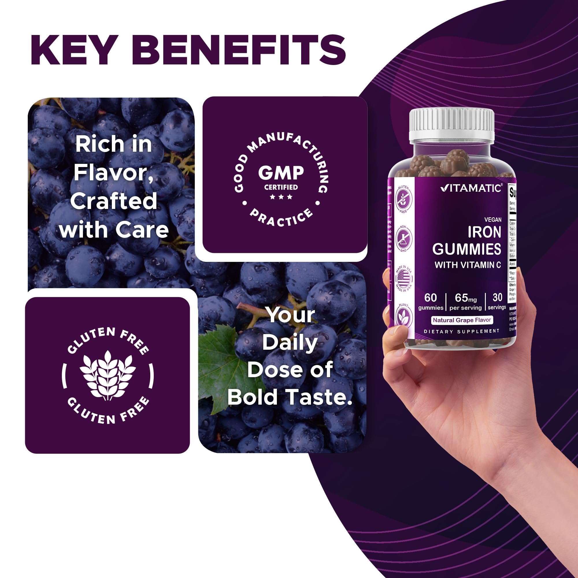 Vitamatic Iron 65 mg Gummies label with nutrition information.