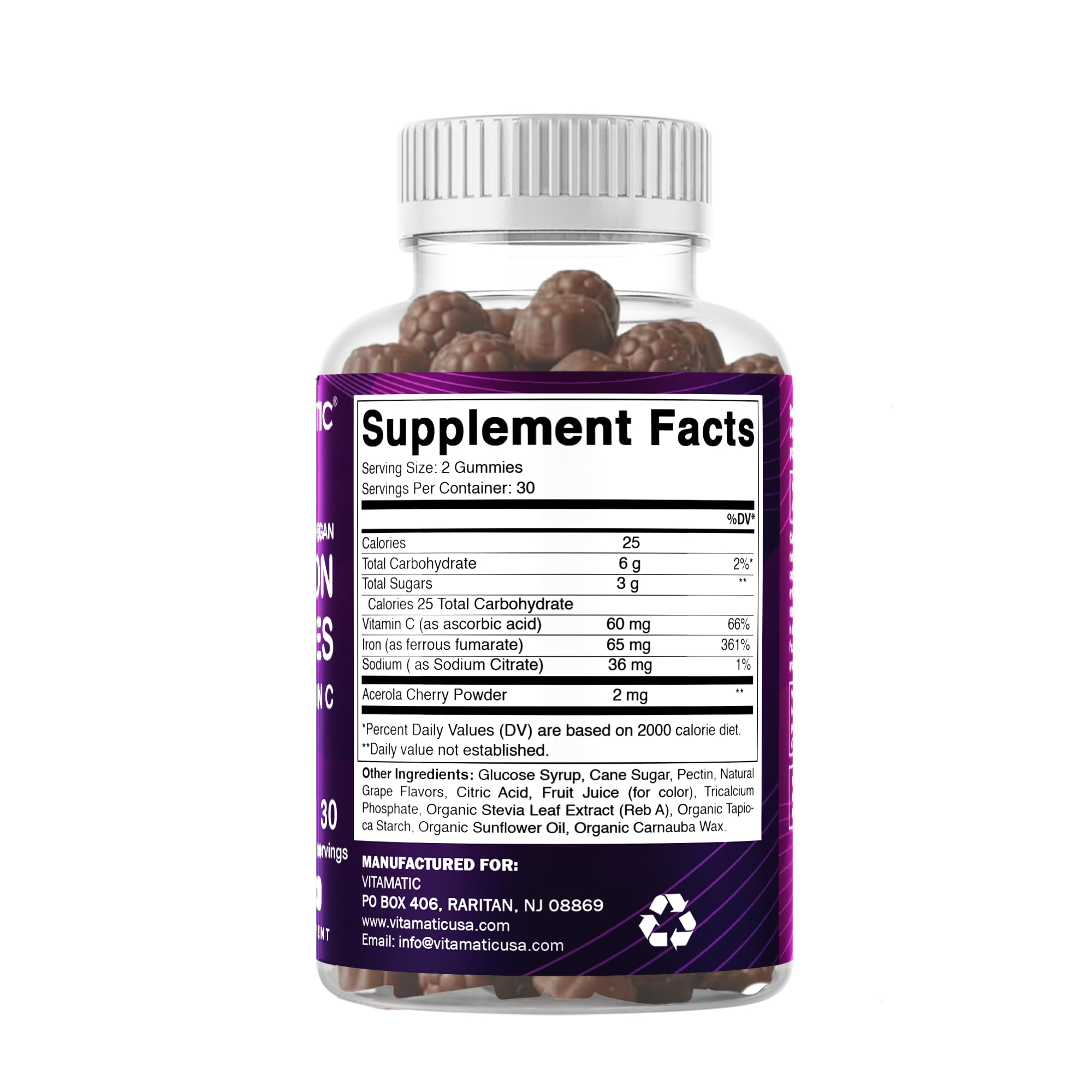 Vitamatic Iron 65 mg Gummies natural grape flavor close-up.