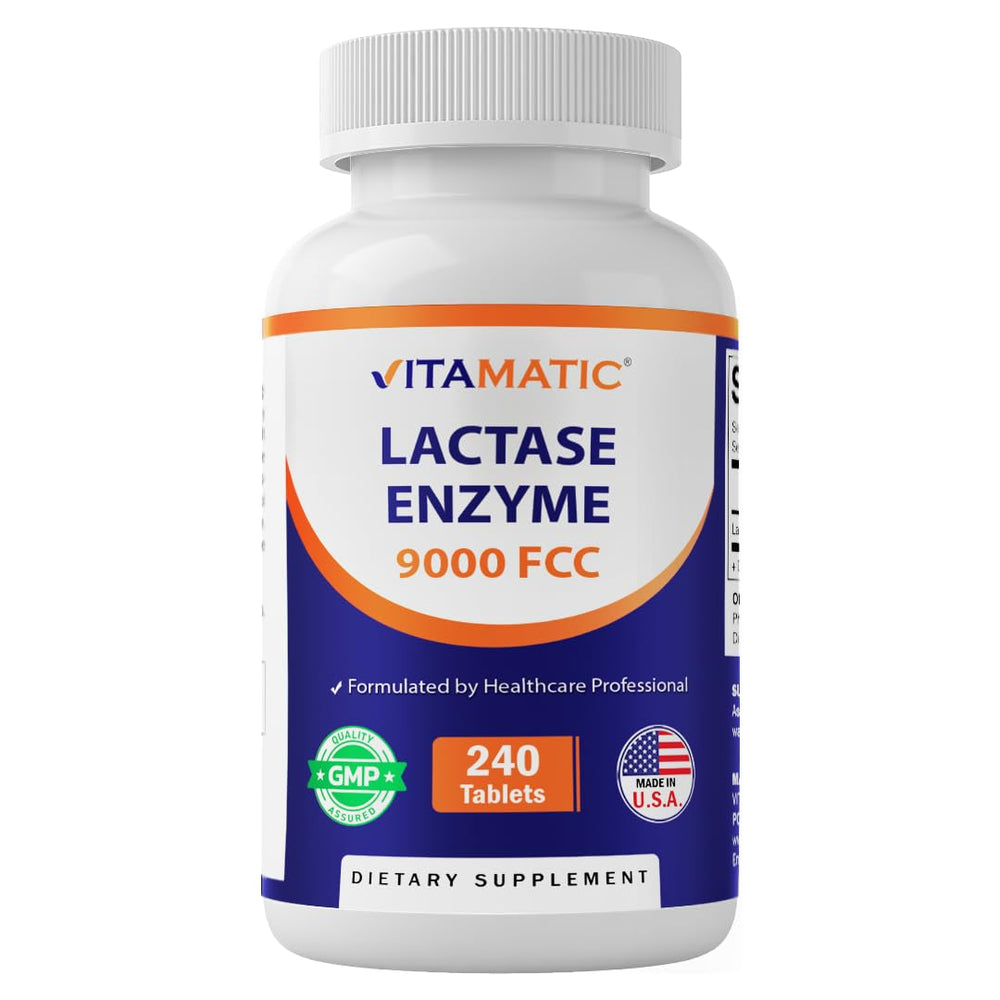 Vitamatic Lactase Enzyme 9000 bottle front view supports lactose digestion.