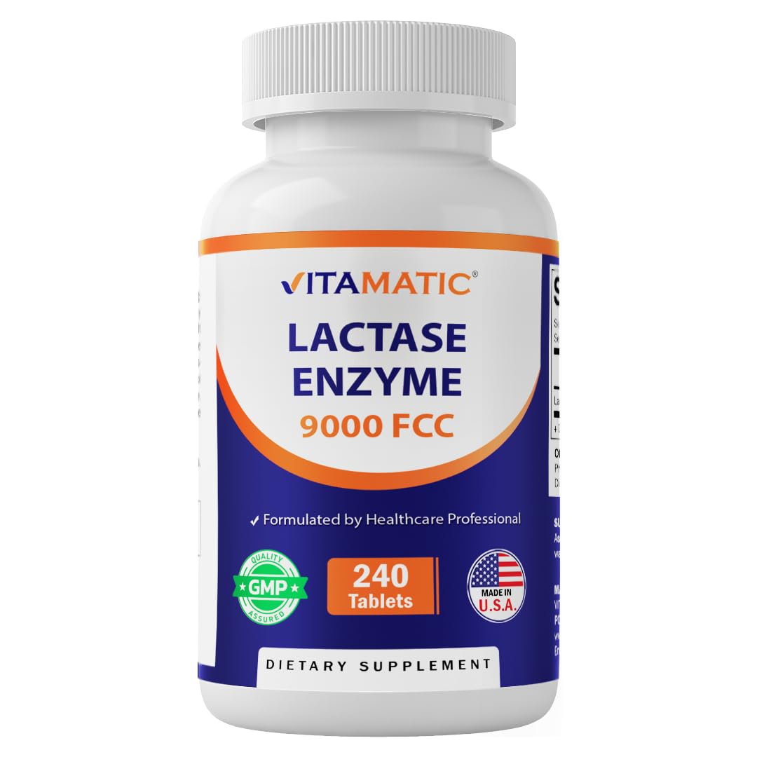 Vitamatic Lactase Enzyme 9000 bottle front view supports lactose digestion.