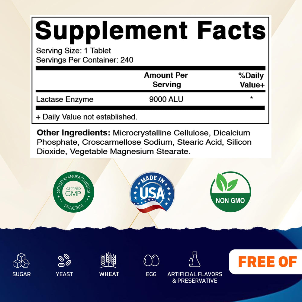 Vitamatic Lactase Enzyme 9000 label close-up highlighting non-GMO formula.