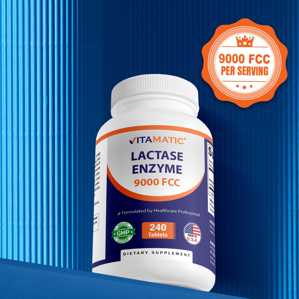 Vitamatic Lactase Enzyme 9000 USA-made GMP seal shows quality.