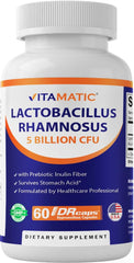 Vitamatic Lactobacillus Rhamnosus bottle showing daily digestive support with a trusted probiotic.