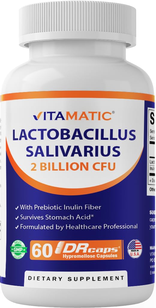 Vitamatic Lactobacillus Salivarius bottle with DR capsules for digestive support.