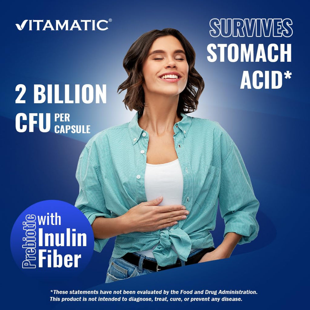 Vitamatic bottle highlighting prebiotic inulin fiber for gut health support.
