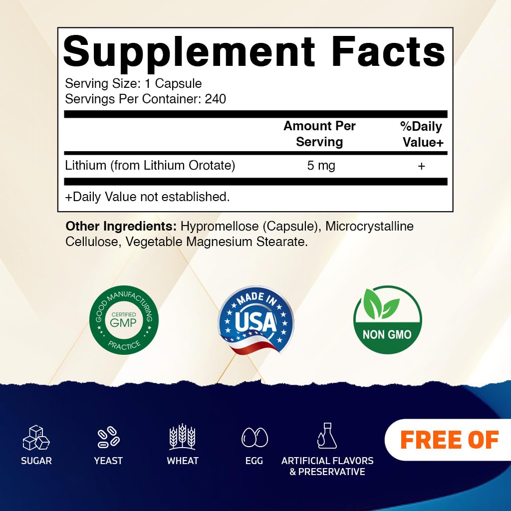 Vitamatic Lithium Orotate 5mg capsules close-up highlighting vegetarian capsules.