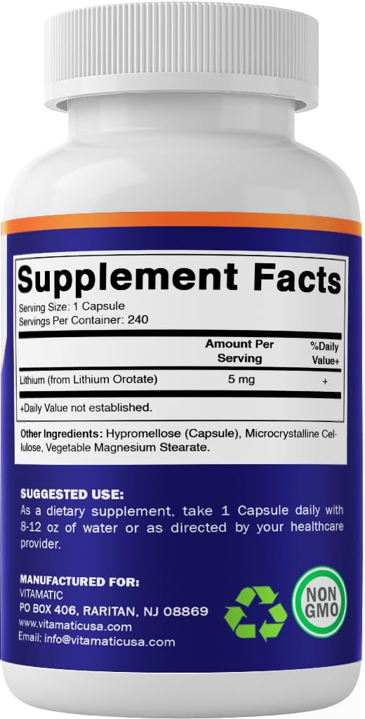 Vitamatic Lithium Orotate 5mg non-GMO certification on packaging.