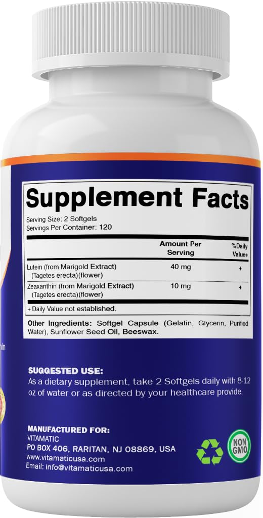 Vitamatic Lutein 40mg with Zeaxanthin 10mg packaging box communicates quality and GMP