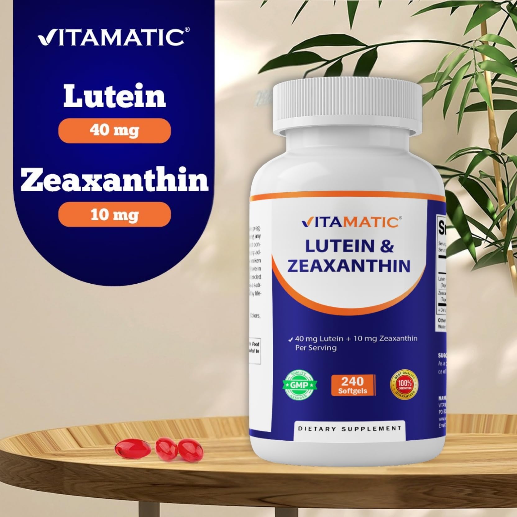 Vitamatic Lutein 40mg with Zeaxanthin 10mg pill detail highlighting softgel texture