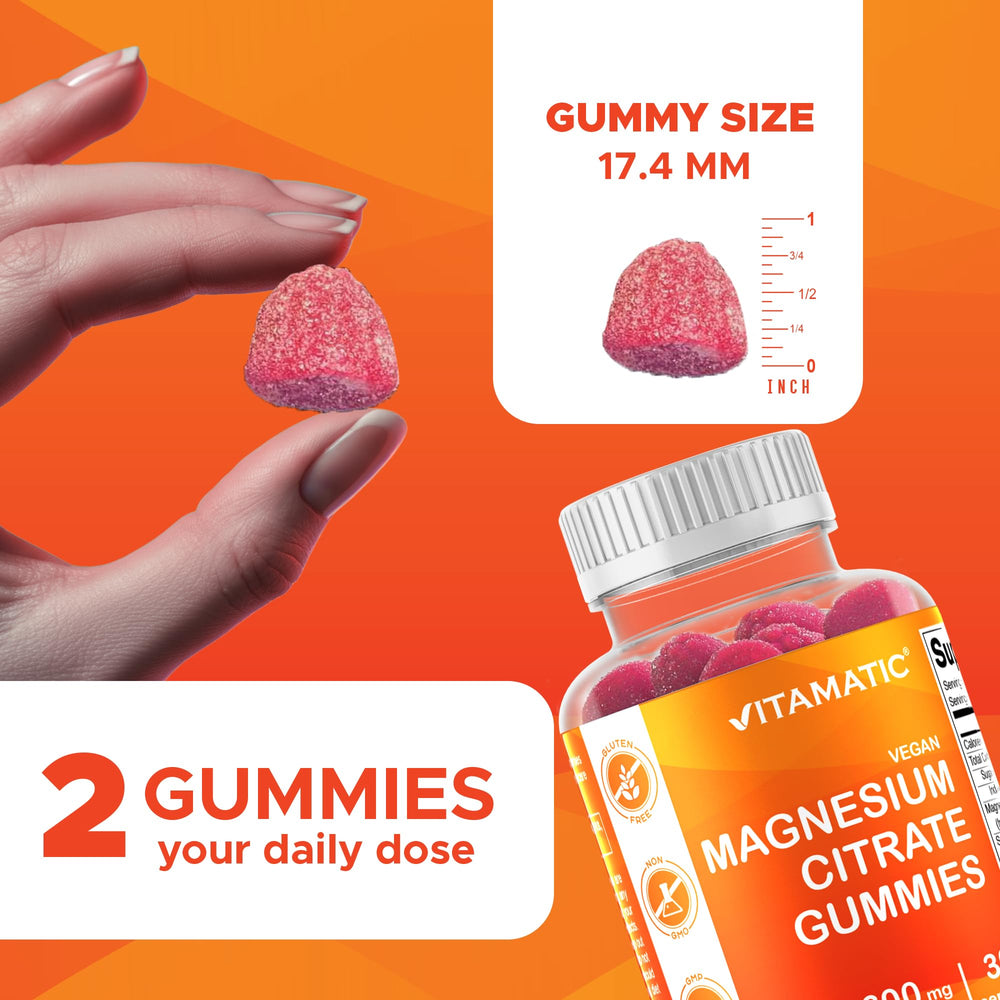Vitamatic magnesium gummies daily-serving shows 600 mg for daily energy support