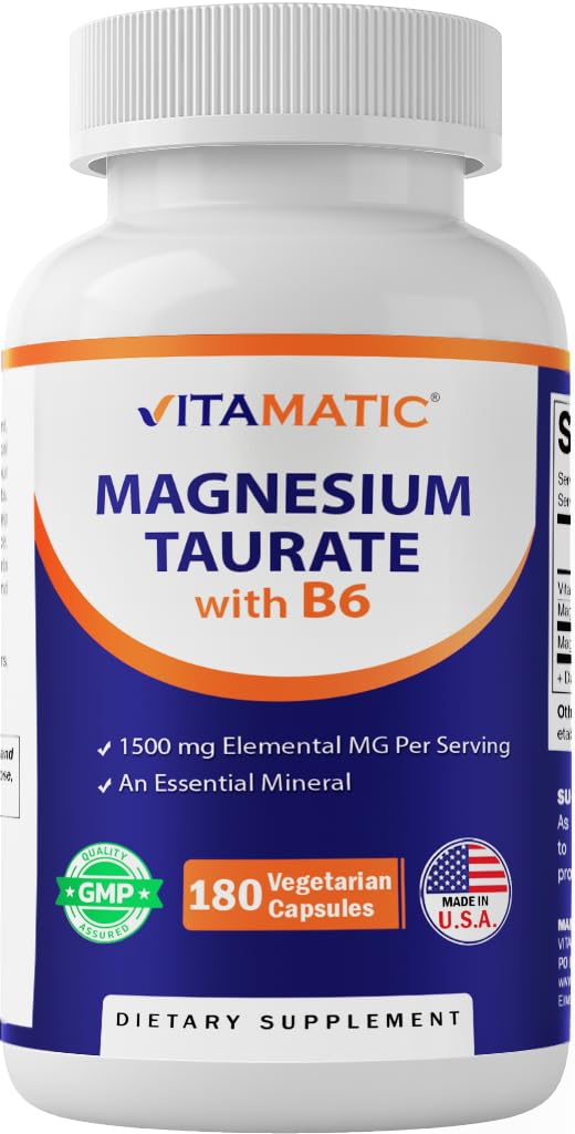 Vitamatic Magnesium Taurate bottle front showing high potency per serving.