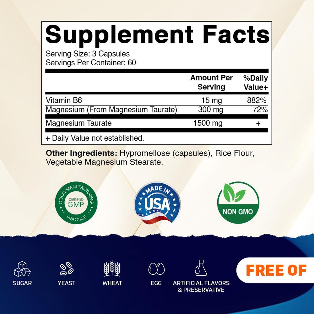 Vitamatic Magnesium Taurate bottle label close-up with elemental magnesium and B6 note.