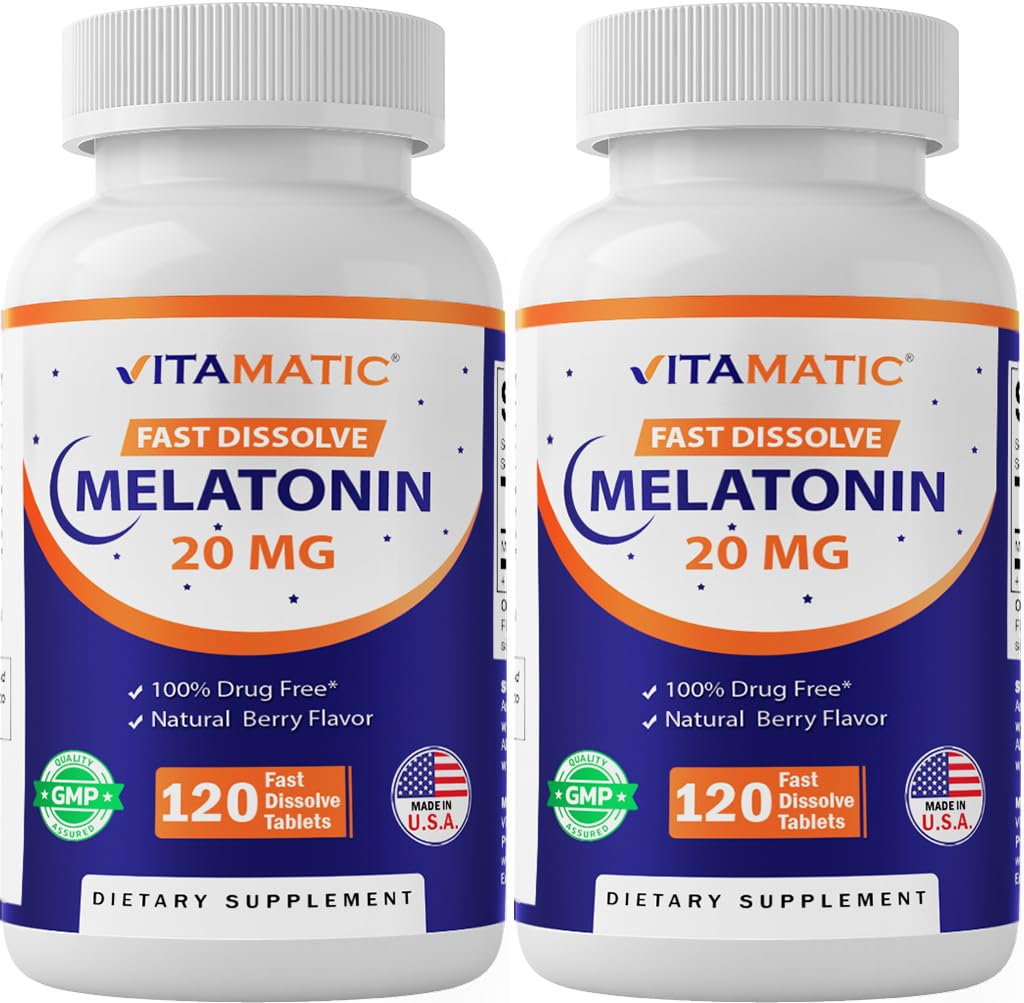 Vitamatic Melatonin 20mg fast-dissolve berry tablet ready for nightly use