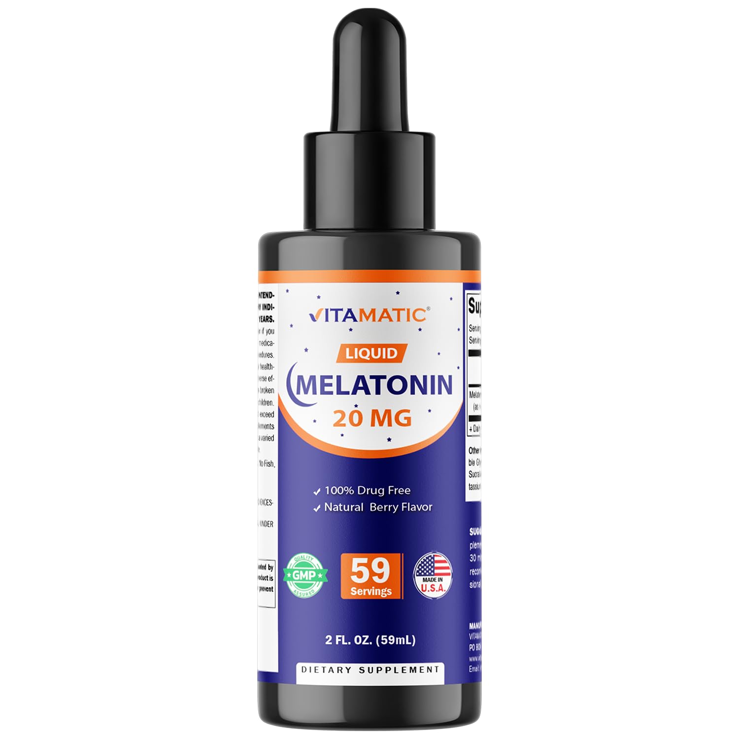Vitamatic Melatonin 20mg liquid drops bottle with berry flavor for a smooth nightly routine