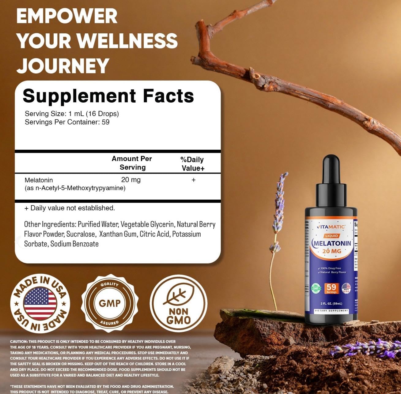 Vitamatic melatonin 20mg drops being poured to show easy dosing