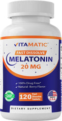 Vitamatic Melatonin 20mg tablet close-up for nightly use and quick rise.