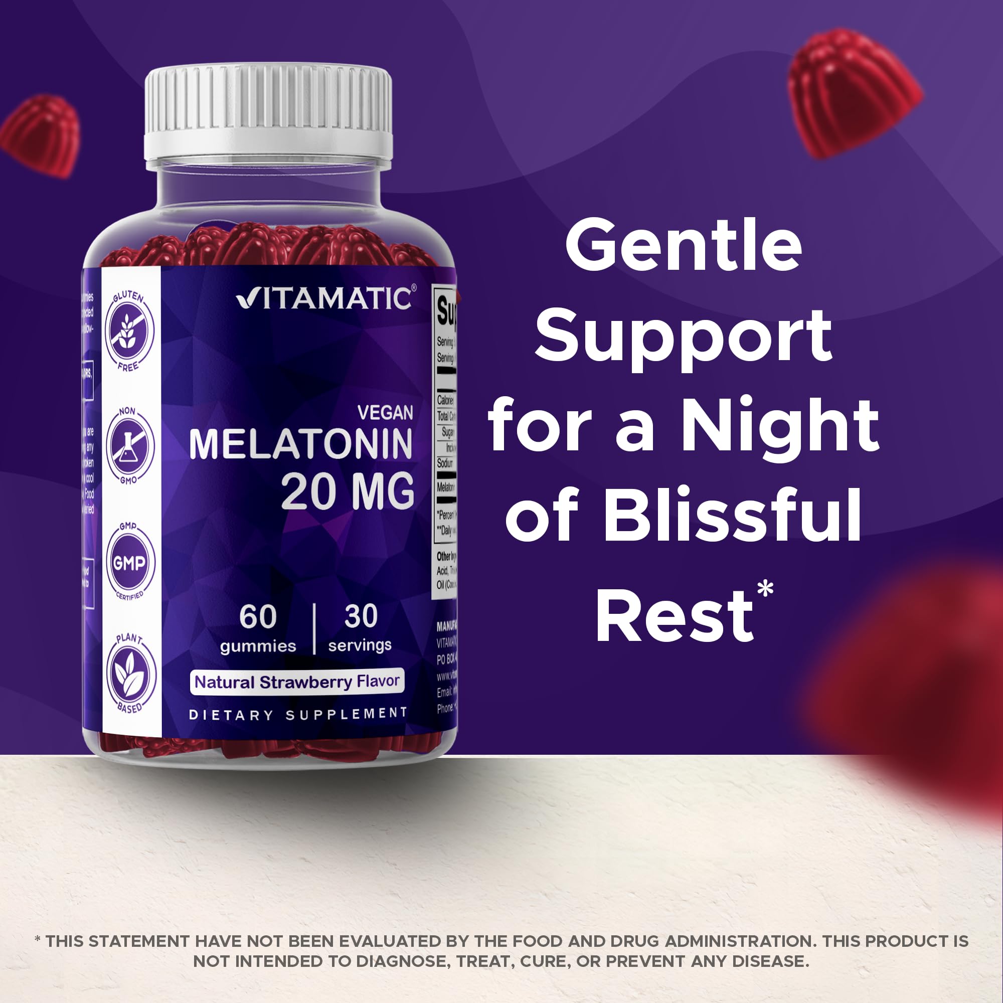 Bottle of Vitamatic Melatonin Gummies with label details visible.