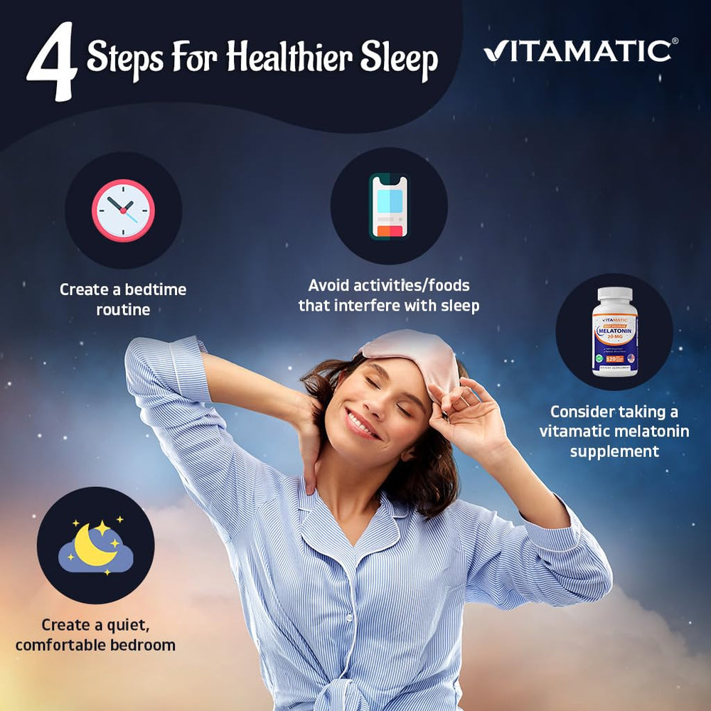 Vitamatic Melatonin gluten-free pill beside bottle on counter.
