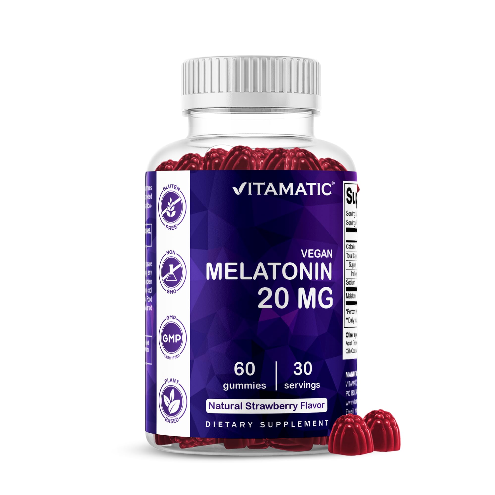 Vitamatic Melatonin Gummies bottle front view with delicious blackberry flavor.