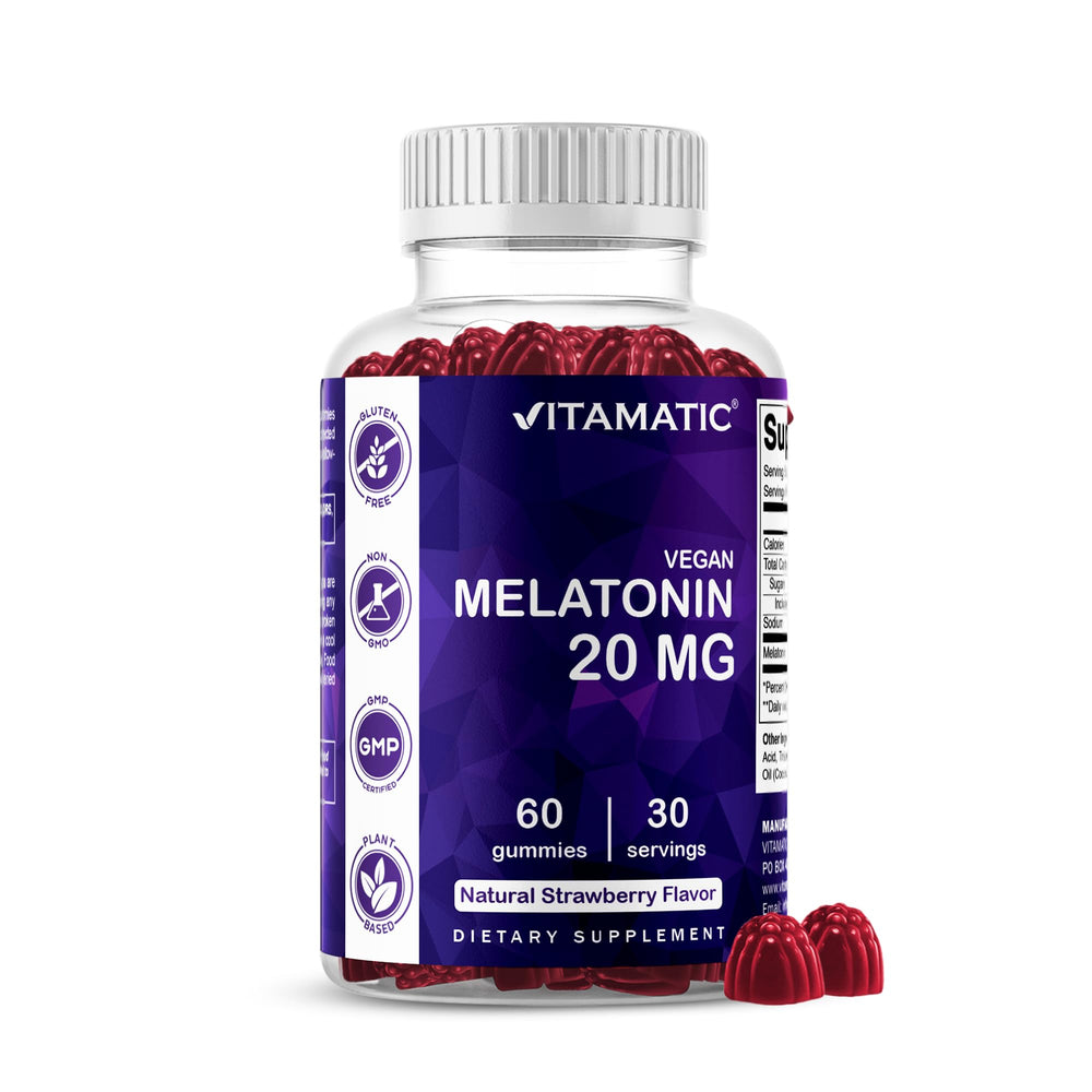 Vitamatic Melatonin Gummies bottle front view with delicious blackberry flavor.