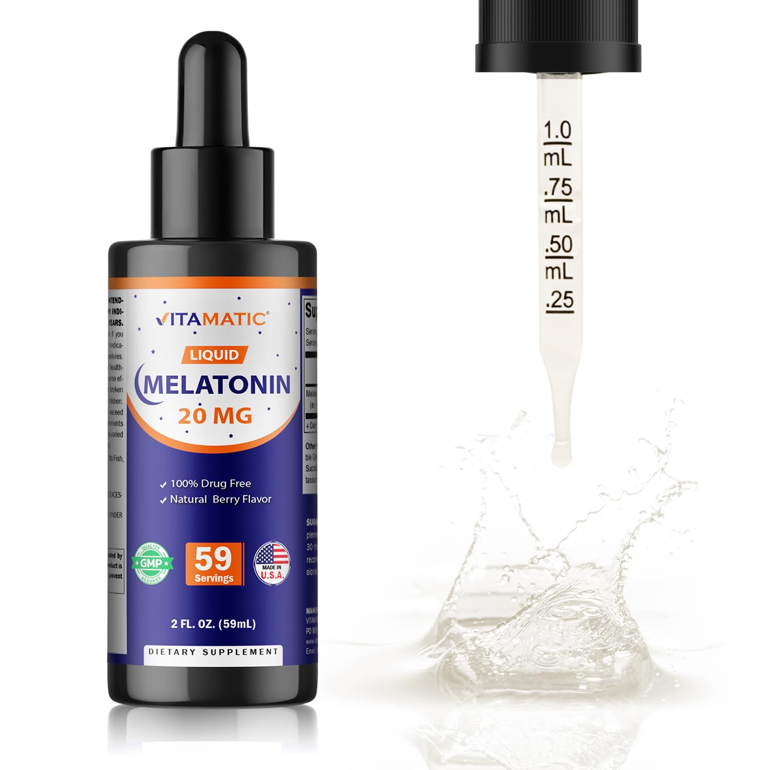 Vitamatic Melatonin liquid drops dispensing from dropper for customizable dosage