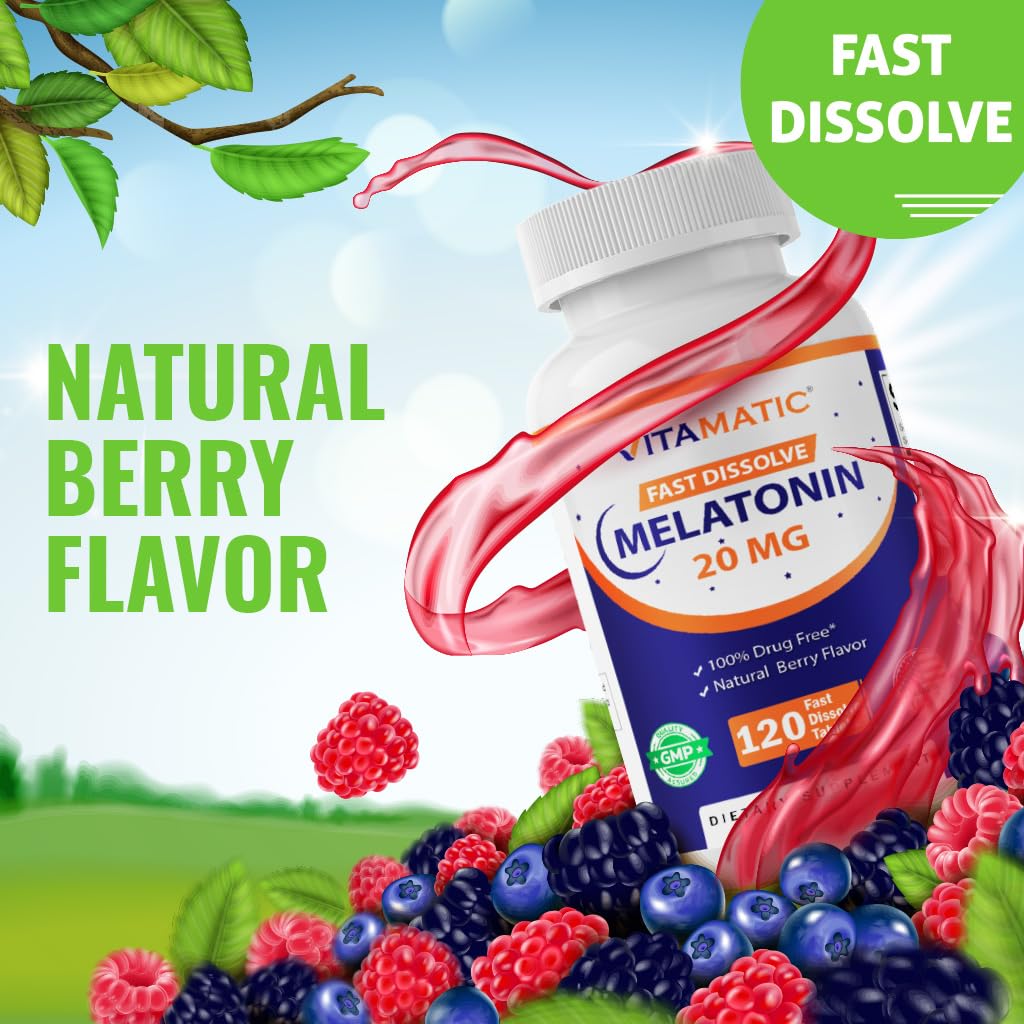 Vitamatic Melatonin vegetarian non-GMO label visible for dietary needs.