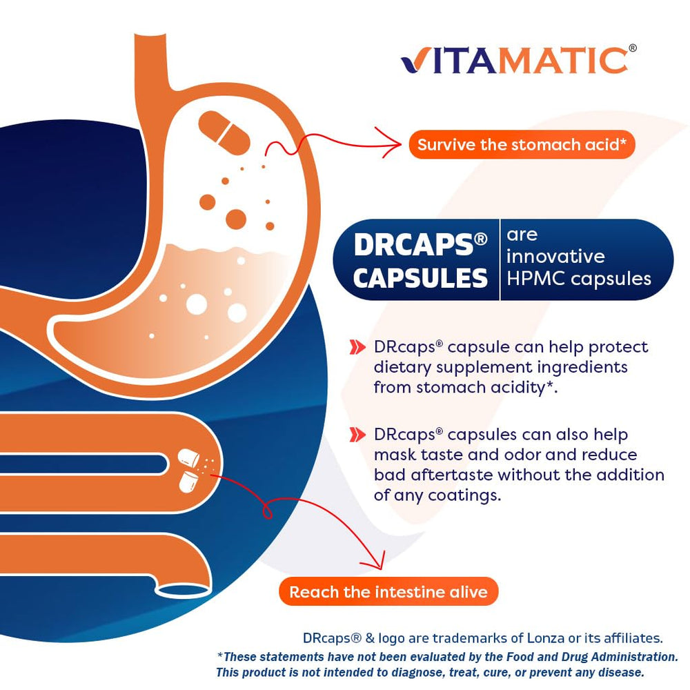 Vitamatic nattokinase capsules close-up shows DRcaps delayed-release design.