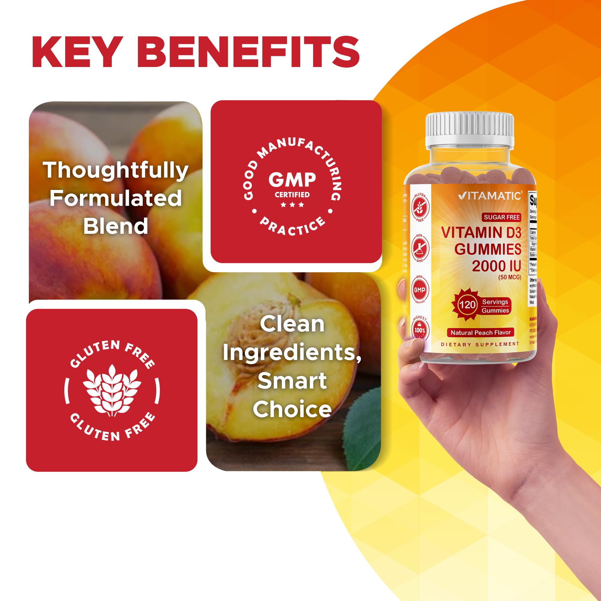 Vitamatic natural peach flavor gummies suggest a pleasant daily routine