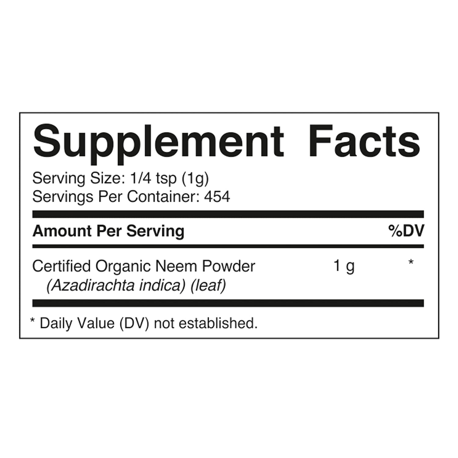 Vitamatic neem powder bottle close-up showing clean ingredients and packaging