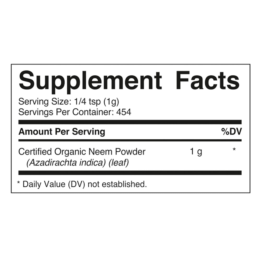 Vitamatic neem powder bottle close-up showing clean ingredients and packaging