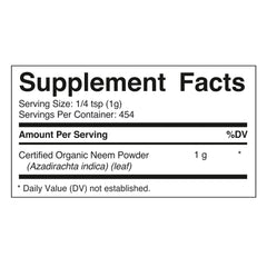 Vitamatic neem powder bottle close-up showing clean ingredients and packaging