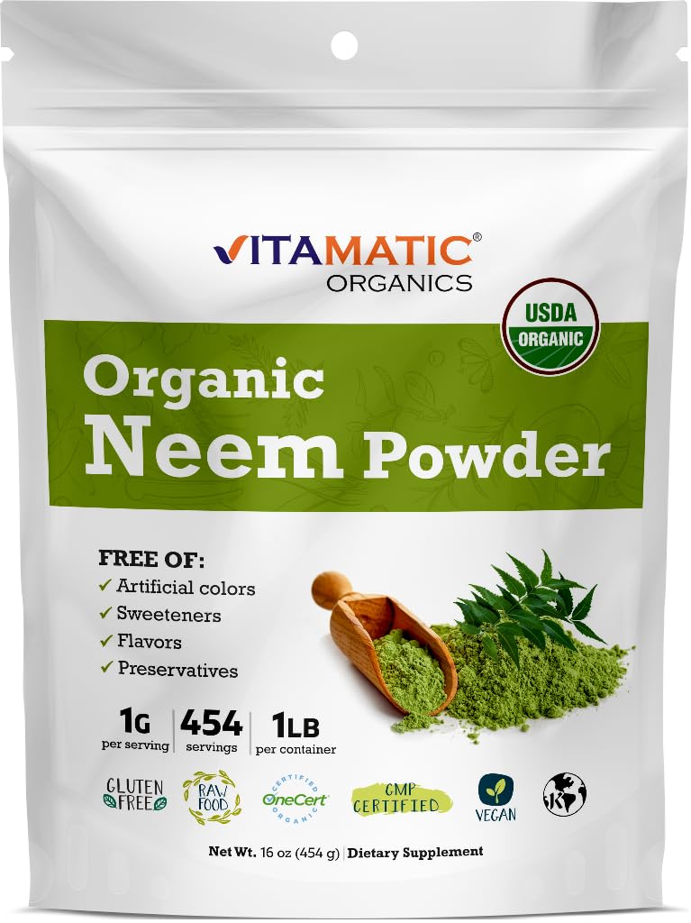 Vitamatic neem leaf powder 1lb label close-up highlights organic quality and purity