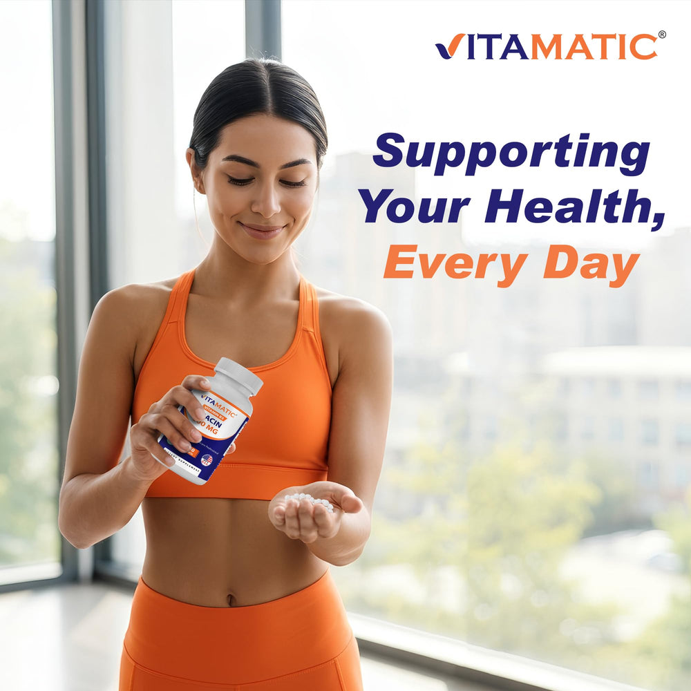Vitamatic Niacin free from artificial colors and additives, supports purity.