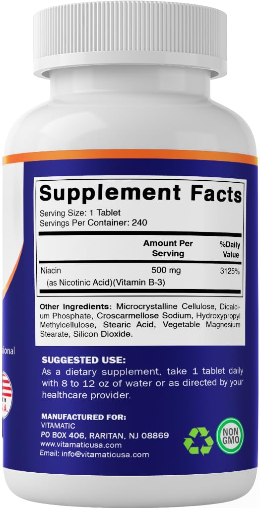 Vitamatic Niacin Non-GMO and gluten-free for sensitive diets.