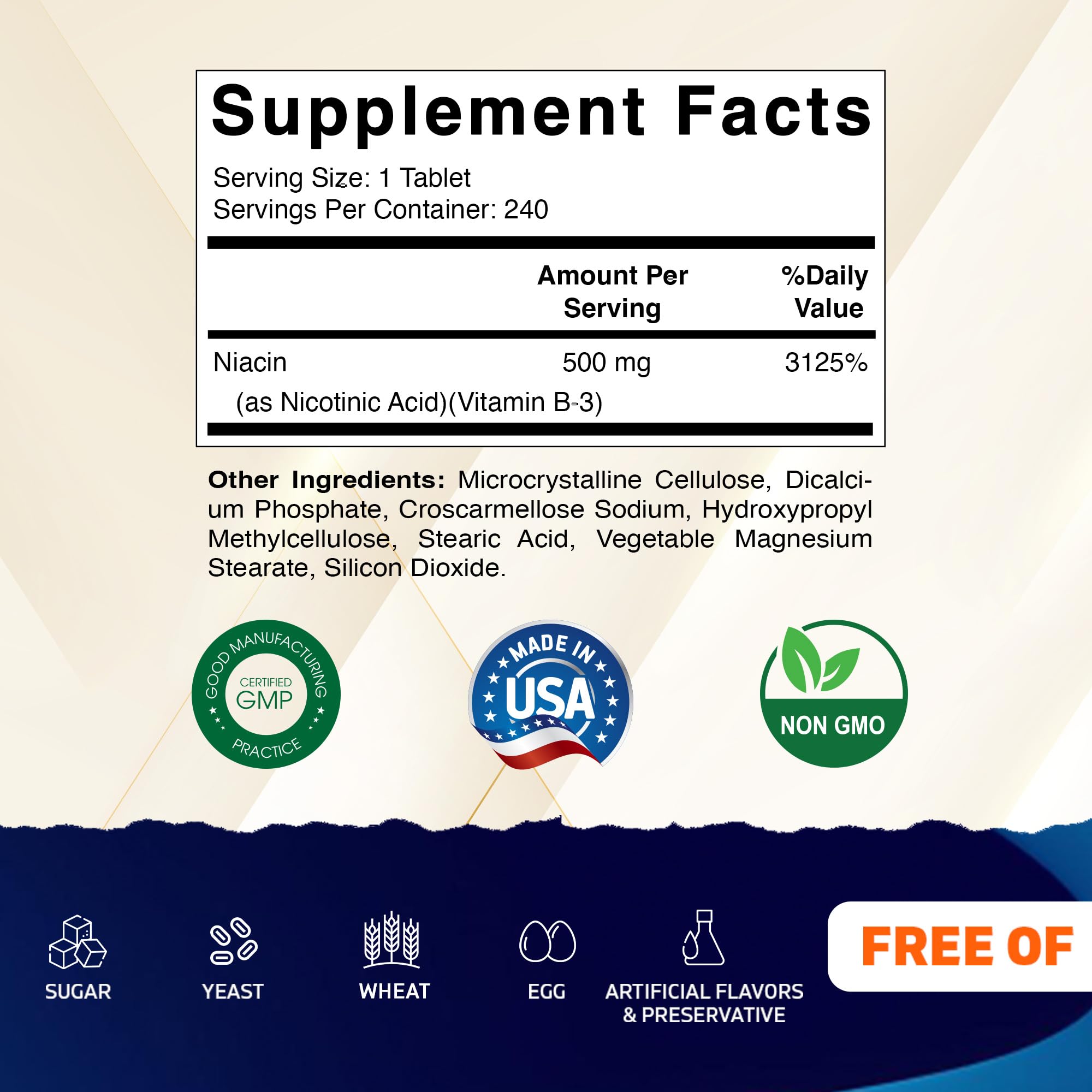 Vitamatic Niacin tablets coated for easy swallow and steady release.