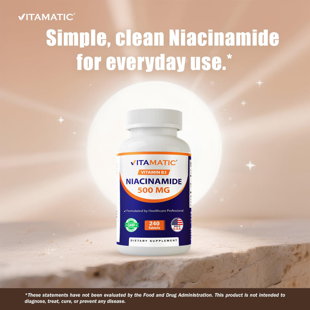 Vitamatic Niacinamide 500 mg bottle labeled Made in USA with GMP standards