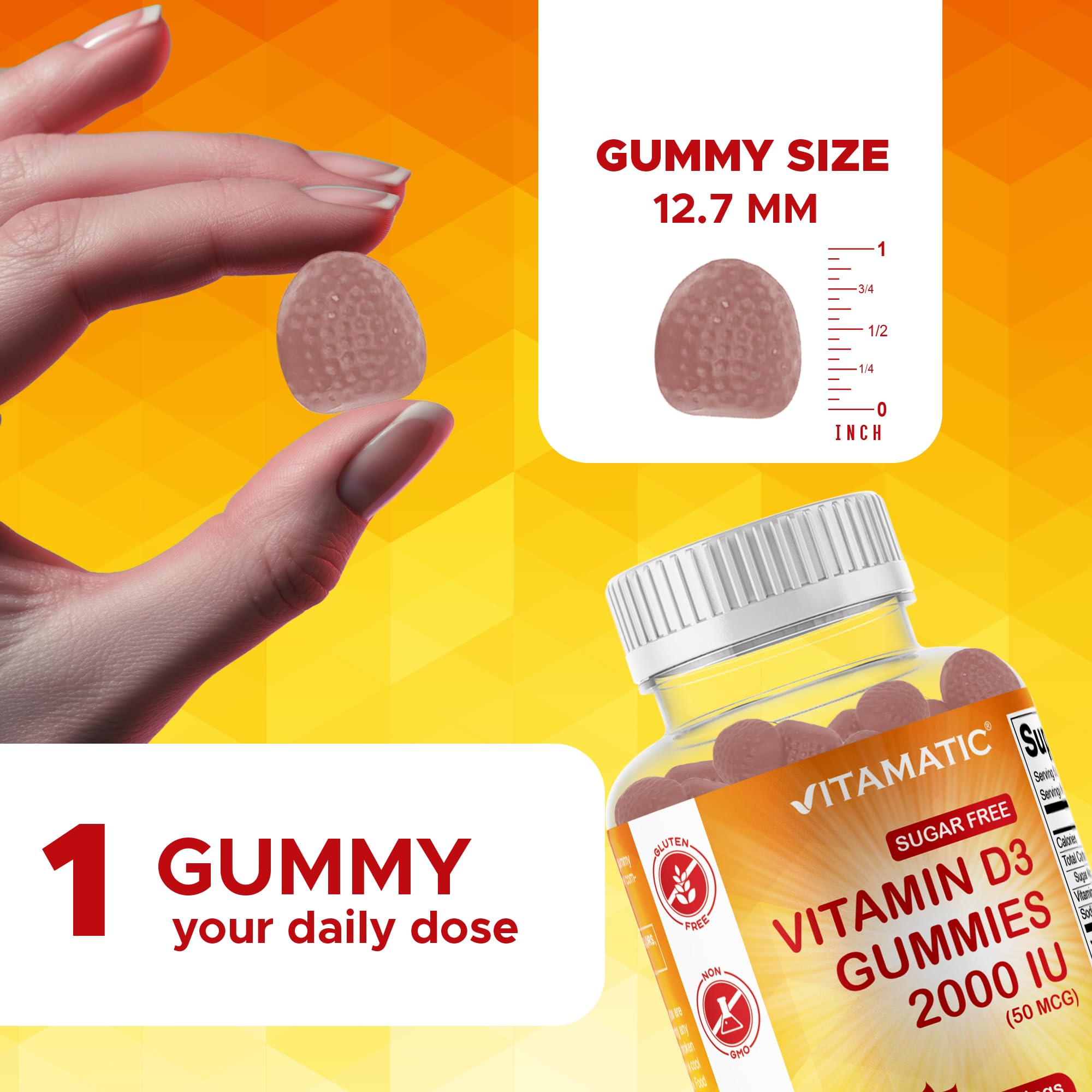 Vitamatic pectin based gummies close up showing chewy texture and peach taste