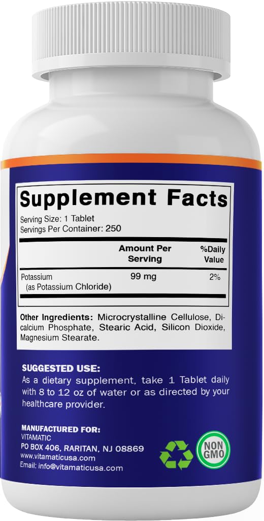 Vitamatic Potassium 99mg nutrition label highlights potassium content for daily supplementation