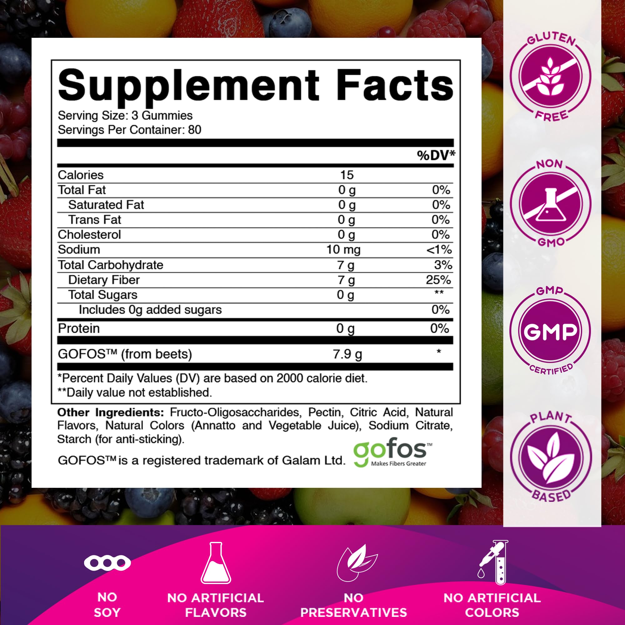 Vitamatic prebiotic fiber gummies bottle close-up showing zero sugar formula