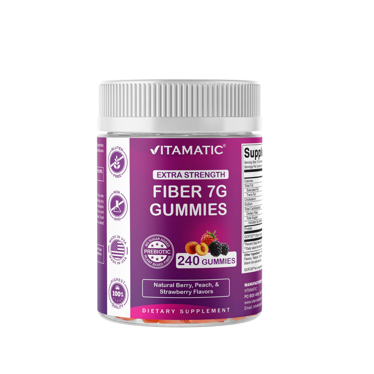 Vitamatic prebiotic fiber gummies bottle front highlights 7g per serving