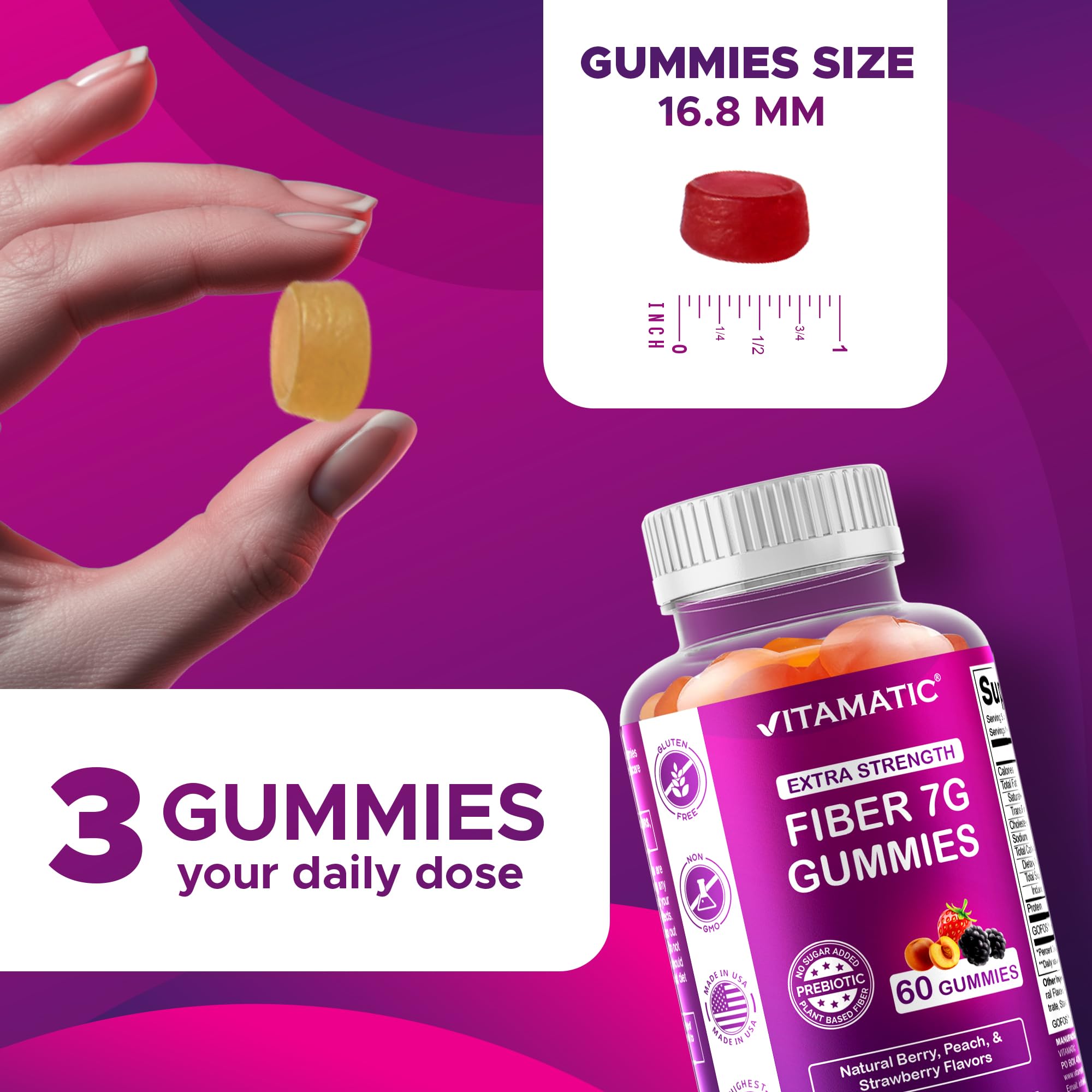 Vitamatic Prebiotic Fiber Gummies close-up texture reveals a chewy beet-derived fiber snack.