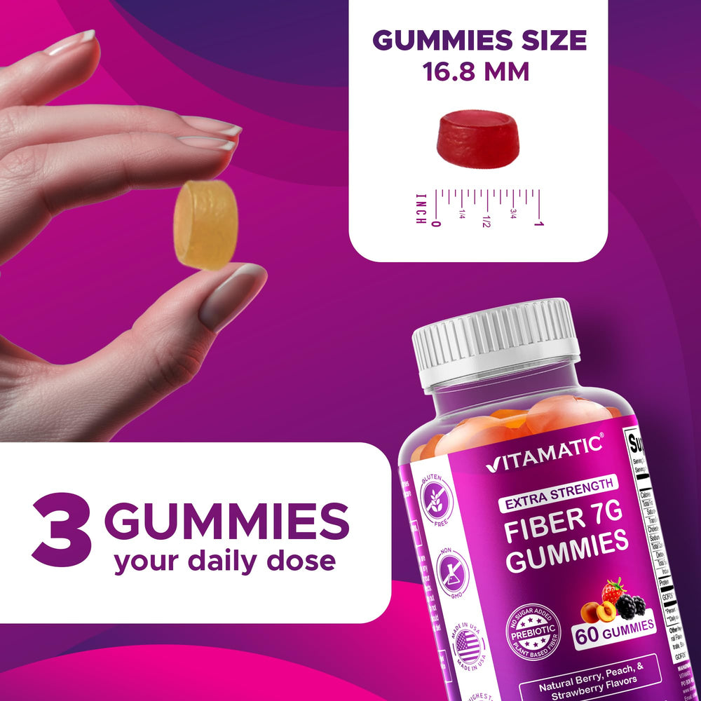 Vitamatic Prebiotic Fiber Gummies close-up texture reveals a chewy beet-derived fiber snack.