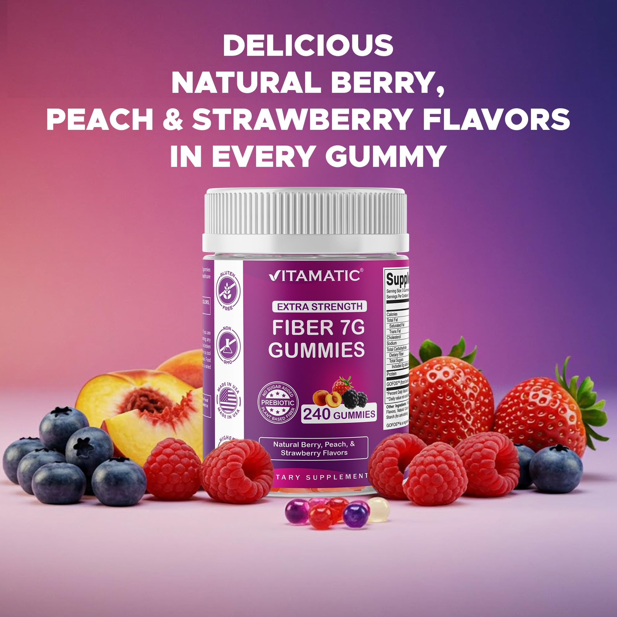 Vitamatic prebiotic fiber gummies on desk with glass of water