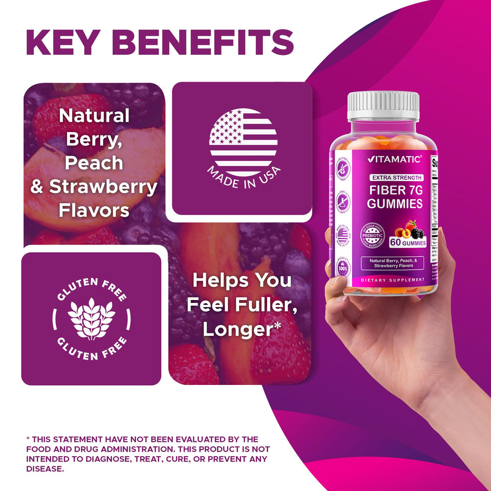 Vitamatic Prebiotic Fiber Gummies blackberry flavor close-up for a tasty daily fiber treat.