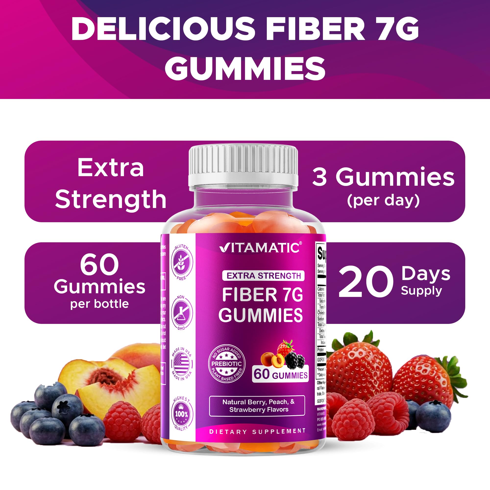 Vitamatic Prebiotic Fiber Gummies peach flavor close-up with natural fruity notes for daily wellness.