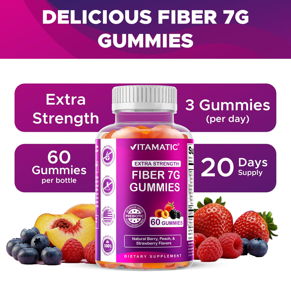 Vitamatic Prebiotic Fiber Gummies peach flavor close-up with natural fruity notes for daily wellness.