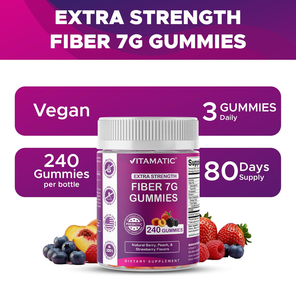 Vitamatic prebiotic fiber gummies ingredients chart highlighting pectin-based fiber